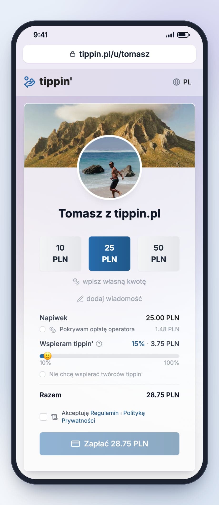 Strona napiwkowa tippin.pl/u/tomasz na telefonie: zdjęcie gór w tle, okrągły avatar, podpis „Tomasz z tippin.pl”, kwoty 10, 25 i 50 PLN oraz podsumowanie płatności