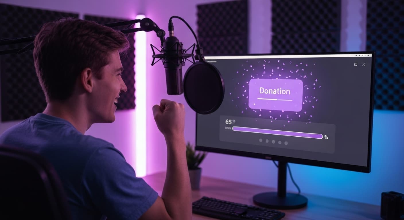 Streamer prowadzi transmisję, na ekranie widać alert donejta i pasek celu