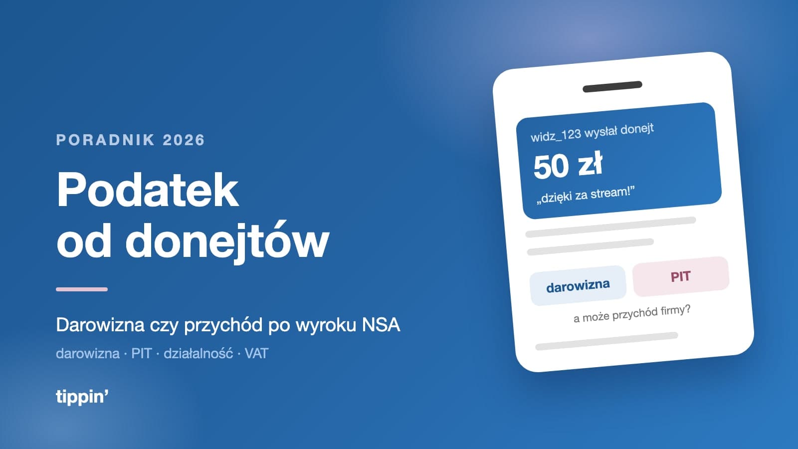 Alert donejta i formularz podatkowy — grafika ilustrująca opodatkowanie donejtów